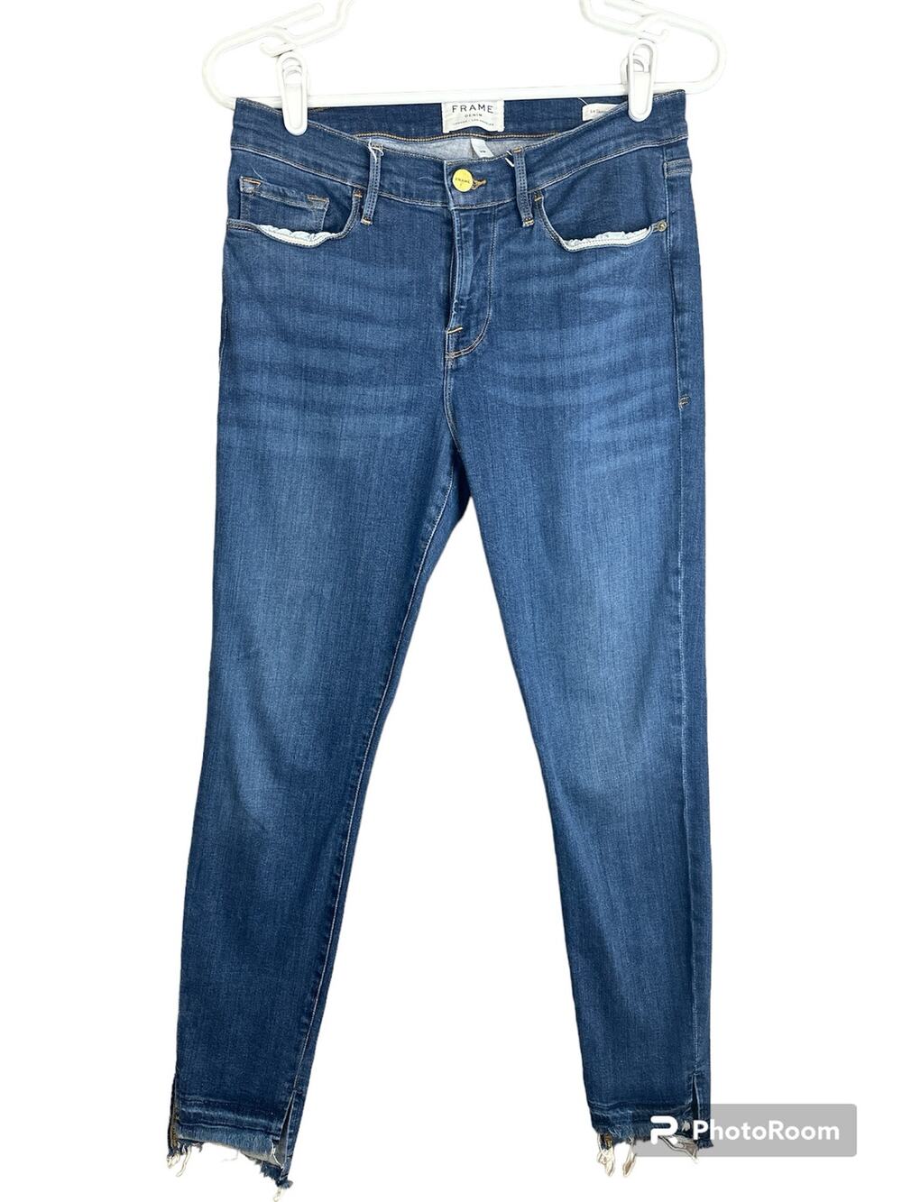 Frame ‘Le Skinny De Jeanne’ Dark Wash Raw Hem Hi Rise Skinny Jeans Size 29